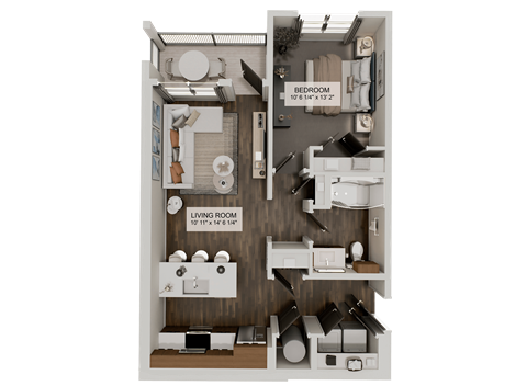 Floor plan for 1 bed, 1 bath, 701 sqft